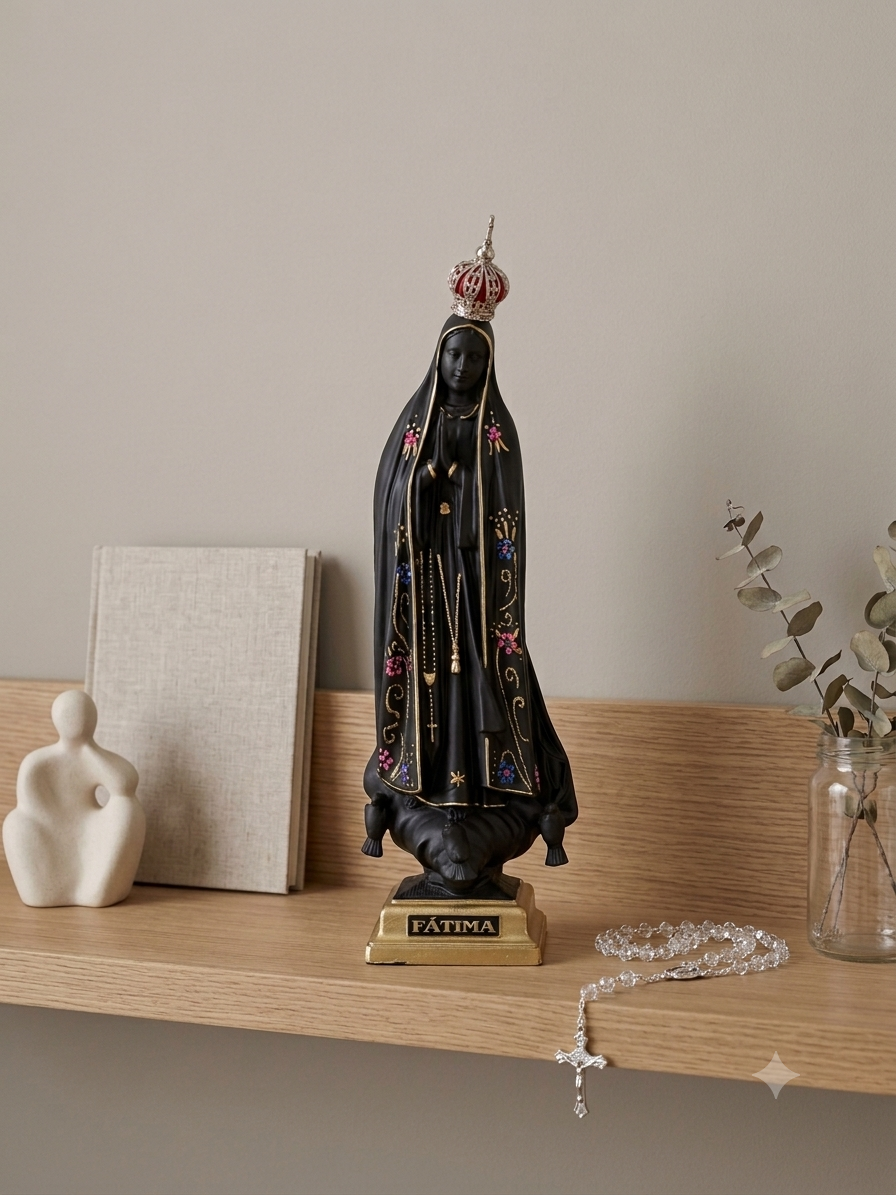 Imagem de Nossa Senhora de Fátima com 30cm, manto preto com detalhes dourados e coroa dourada