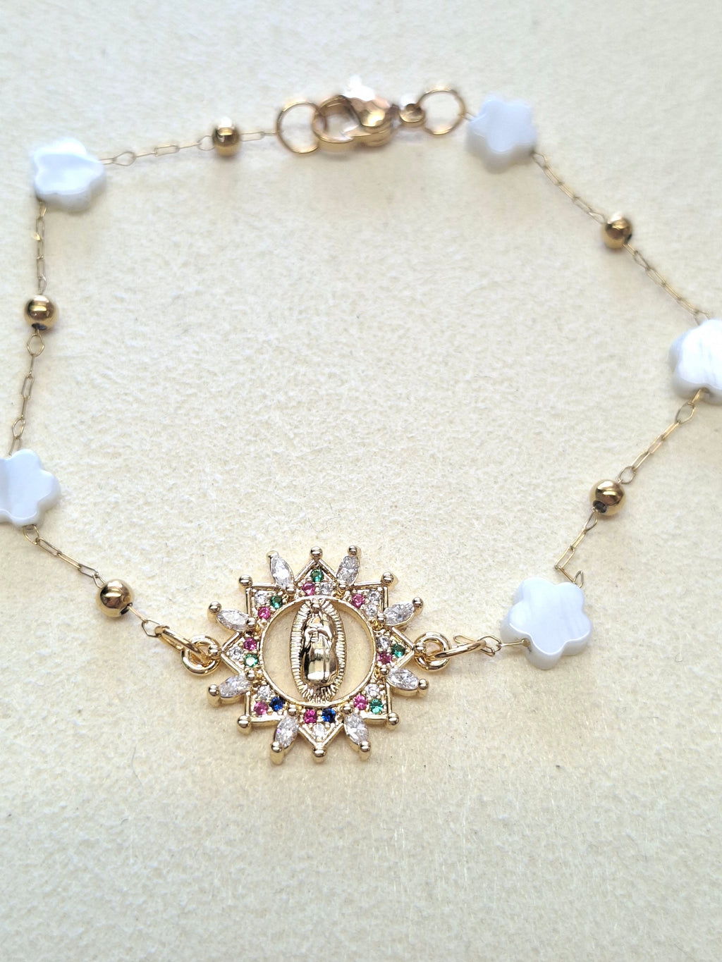 Pulseira Nossa Senhora com Flores de Madre Pérola — Aço Inoxidável