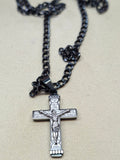Colar Cruz Crucifixo com Pai Nosso em Aço — Corrente Preta