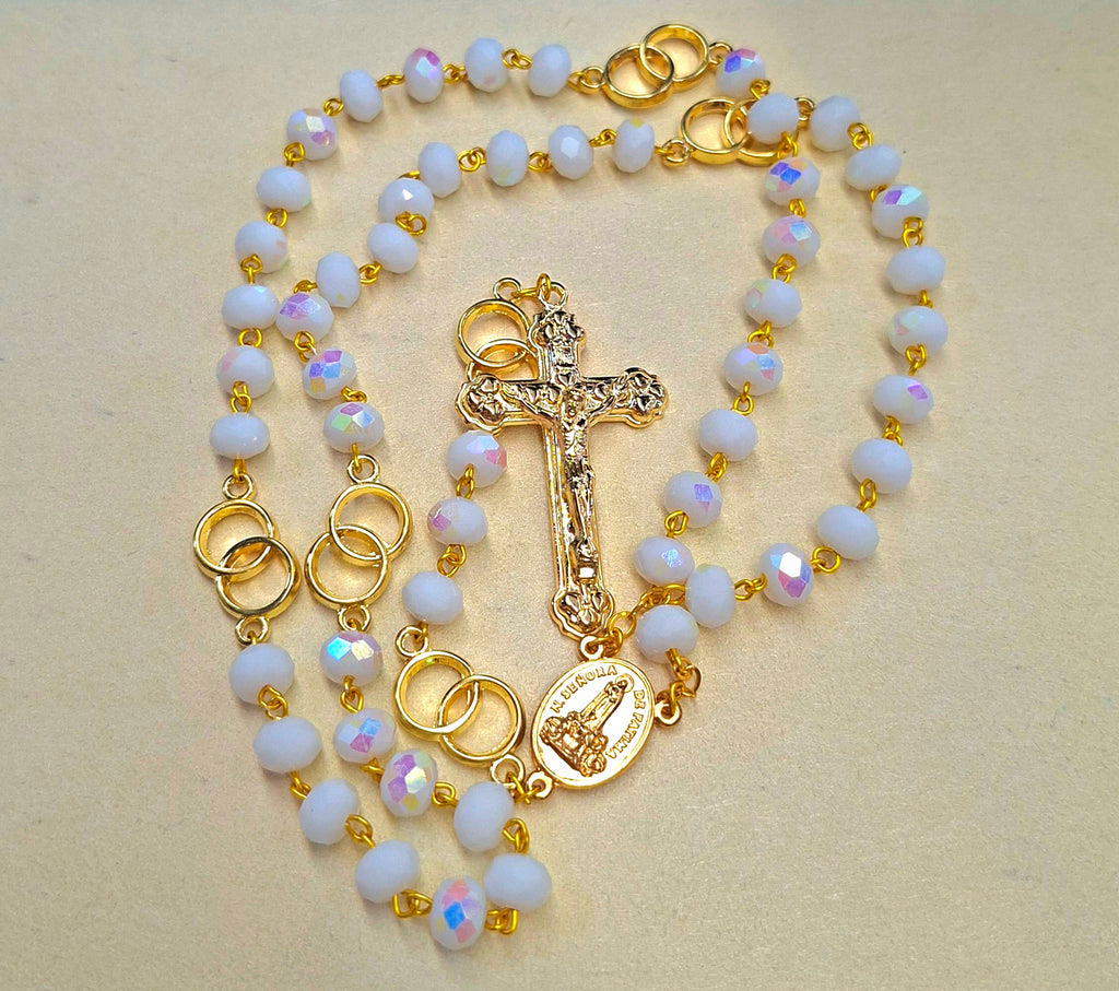Terço Matrimónio Cristal Branco Opaco e Dourado