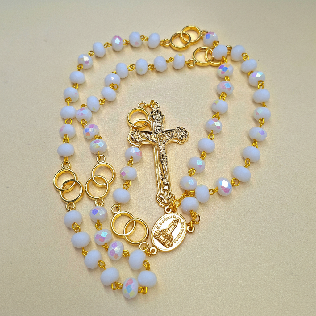 Terço Matrimónio Cristal Branco Opaco e Dourado