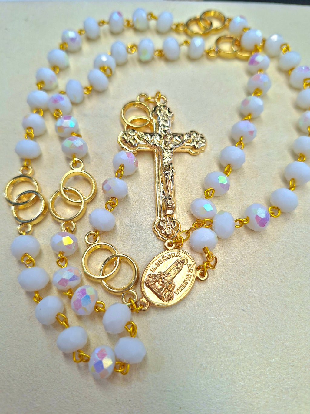 Terço Matrimónio Cristal Branco Opaco e Dourado